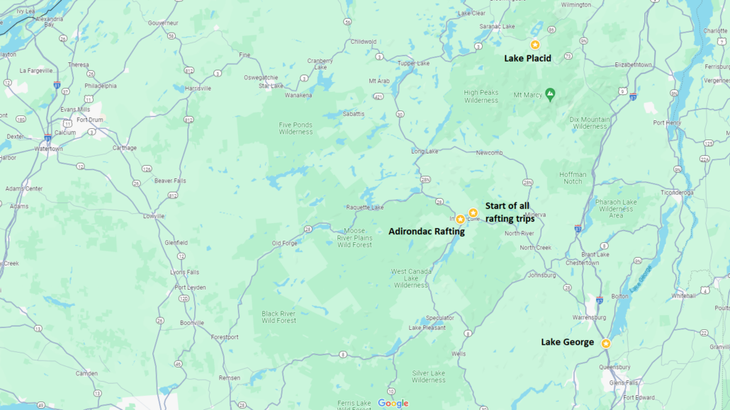 Map of the Adirondack area showing locations of Adirondac Rafting Company's base, the start of all rafting trips and nearby Lake George and Lake Placid